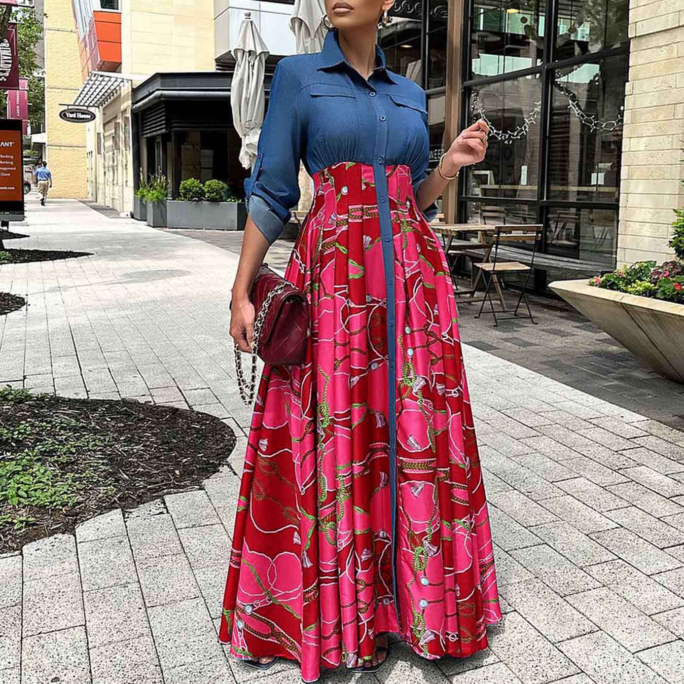European plus size denim patchwork print dress