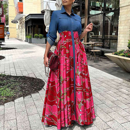 European plus size denim patchwork print dress