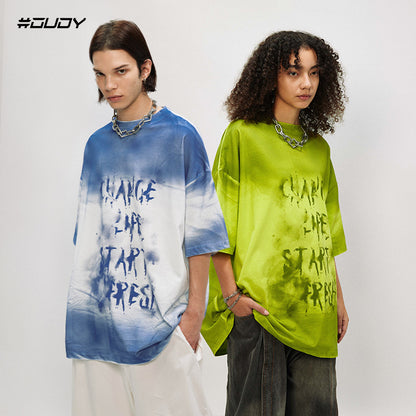OVDY American Street Short Sleeve T-Shirt Cotton Gradient Spray Print Couple Letters