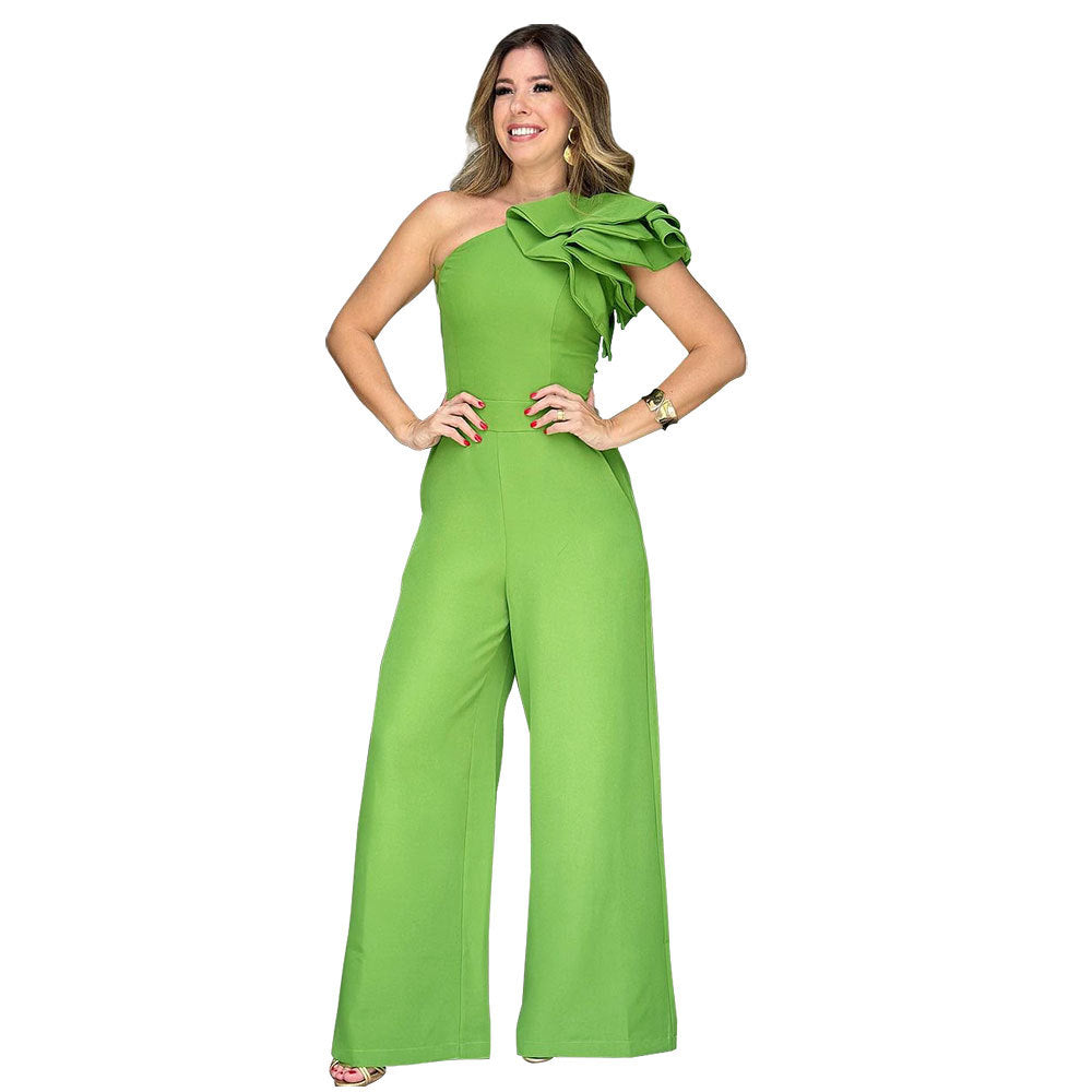 10400 cross-border Amazon European and American fashion women's wear jumpsuit oblique shoulder ruffles design high waist jumpsuit