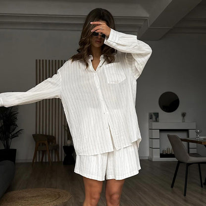 Autumn French Striped Casual Shirt Set |tops