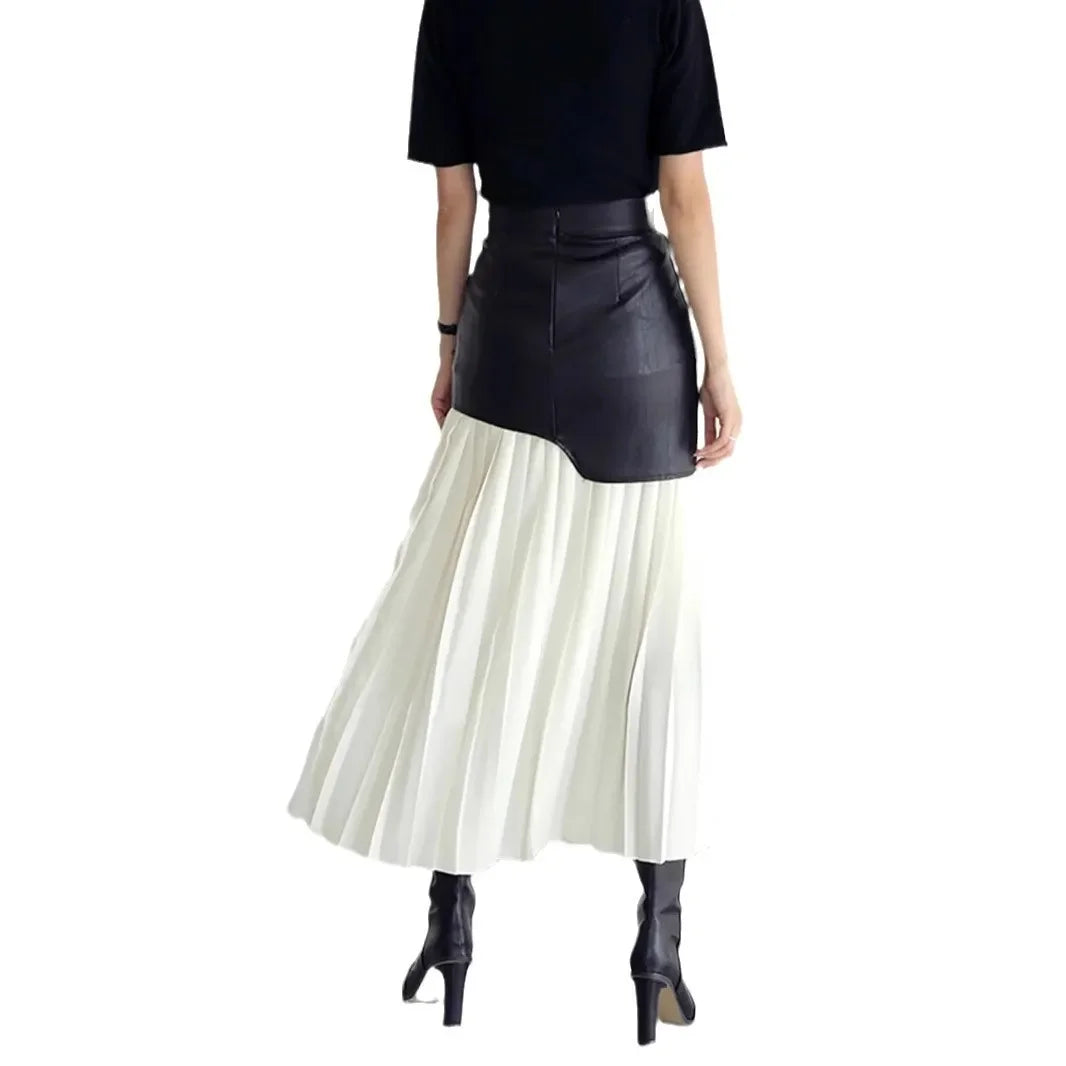 British elegance special-interest design 2024 Autumn New High waist temperament fashion stitching pleated contrast skirt women