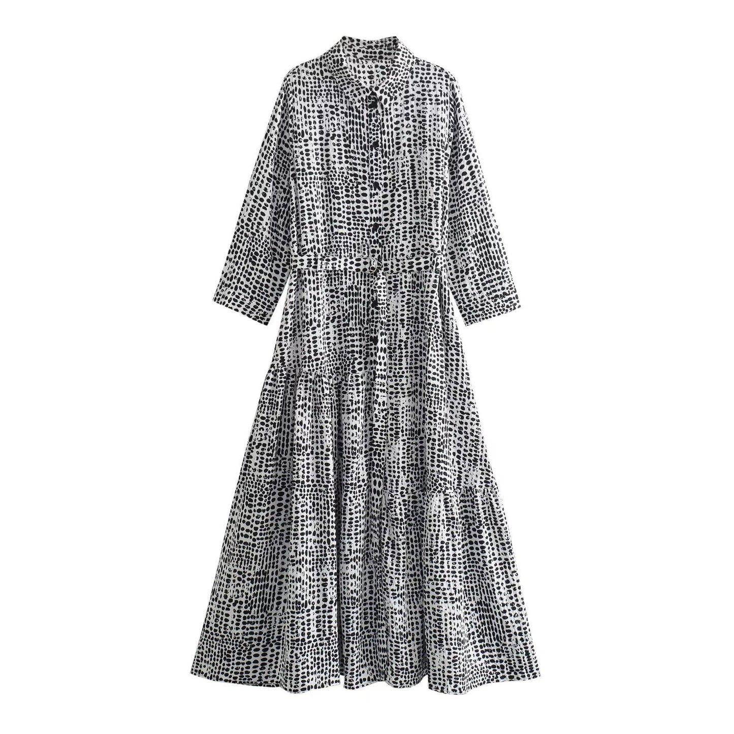 2024 Spring New Europe and America cross border Women's temperament light mature casual polo collar long sleeve printed shirt dress