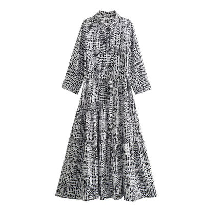 2024 Spring New Europe and America cross border Women's temperament light mature casual polo collar long sleeve printed shirt dress