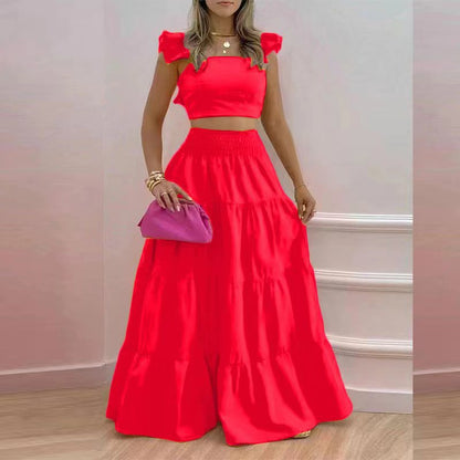 2024 Summer European and American Amazon cross-border new arrival temperament sexy backless solid color two-piece sling maxi dress
