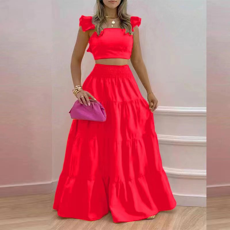 2024 Summer European and American Amazon cross-border new arrival temperament sexy backless solid color two-piece sling maxi dress