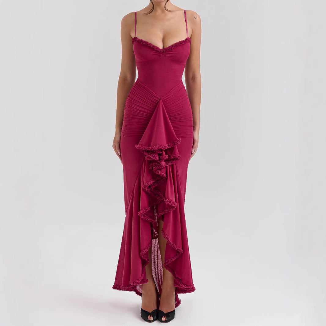 Early autumn women's wear high-grade new mesh camisole pleated irregular sleeveless dress fashion design dress