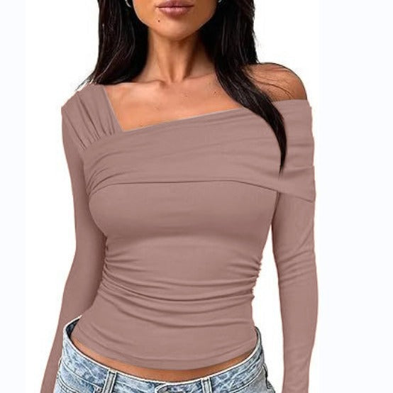 Amazon hot selling product 2025 spring and autumn Women's One shoulder long-sleeved shirt pleated going out tops slim y2g shirt