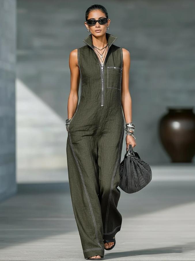 Polyester Solid Color  Slimming Sleeveless Zipper Women's Jumpsuit