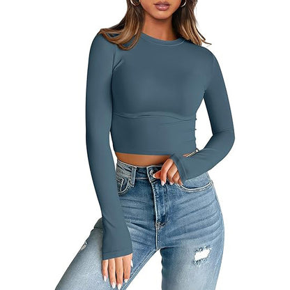 European and American style women long sleeves cropped T-shirt autumn top fashion basic slim hot girl shirt milk Silk women's clothing
