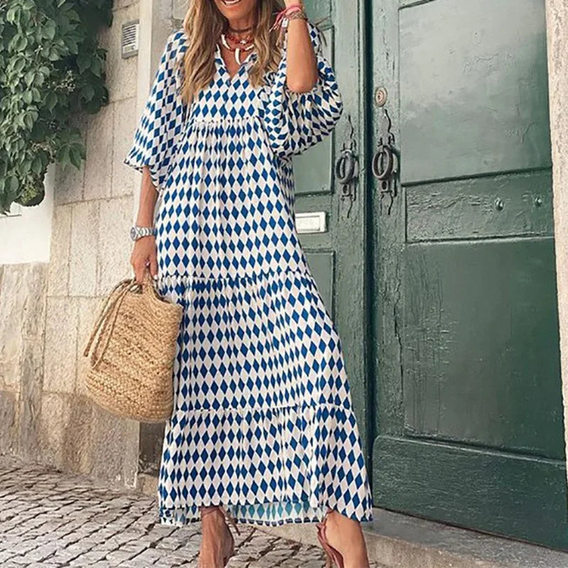 Spring and Autumn European and American new geometric collage puff sleeve dress female street fried street plus size women's dress