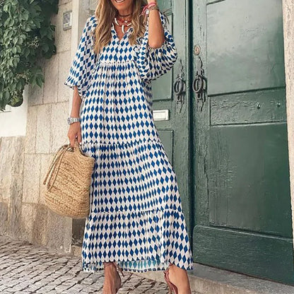Spring and Autumn European and American new geometric collage puff sleeve dress female street fried street plus size women's dress