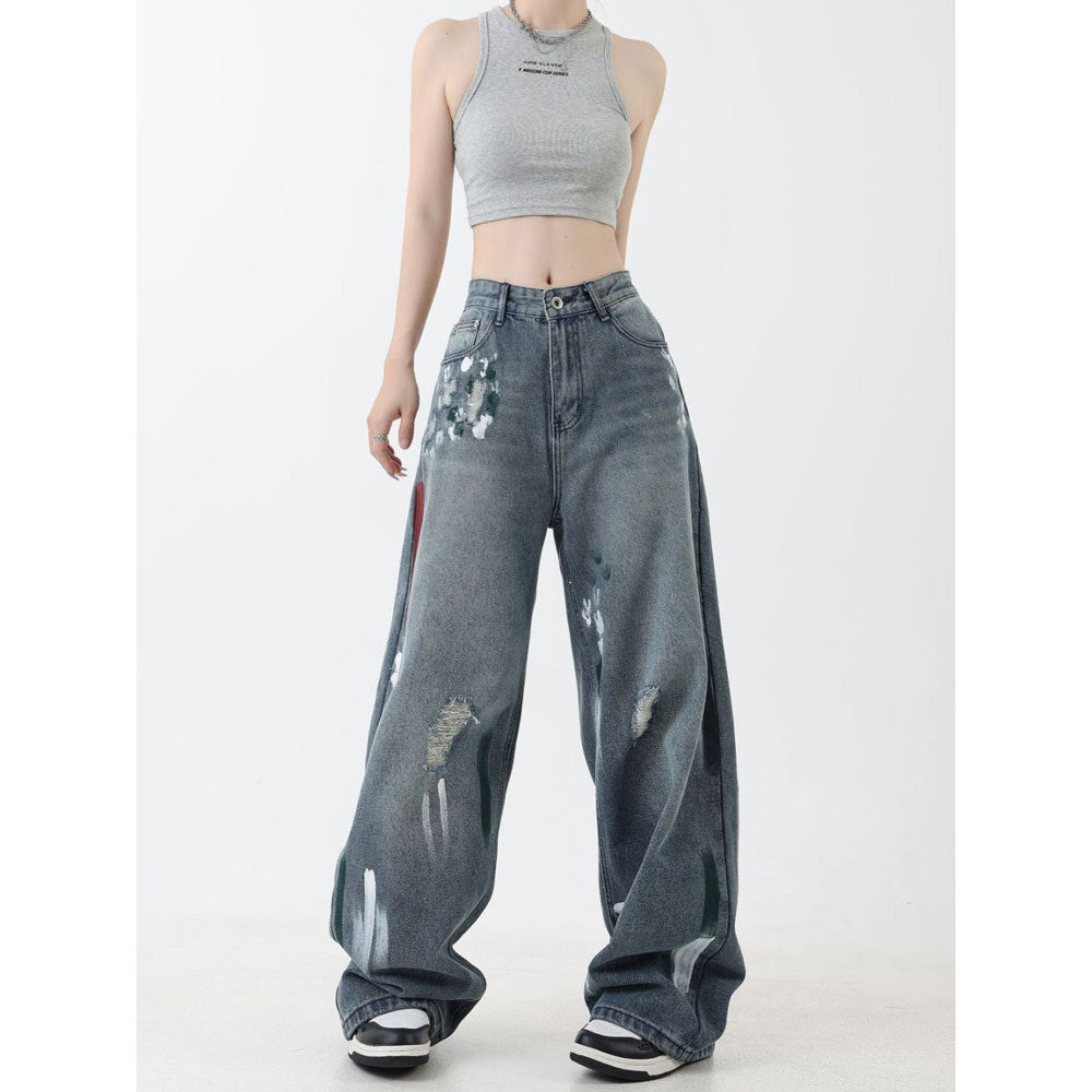 American retro splash-ink design ripped straight jeans women's summer loose High Street casual all-matching long pants