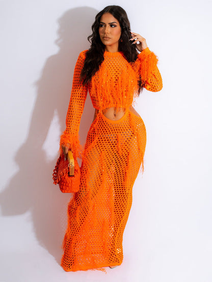 Cross-border supply new European and American women's clothing sexy handmade knitted beach dress hollow out mink-like tassel maxi dress