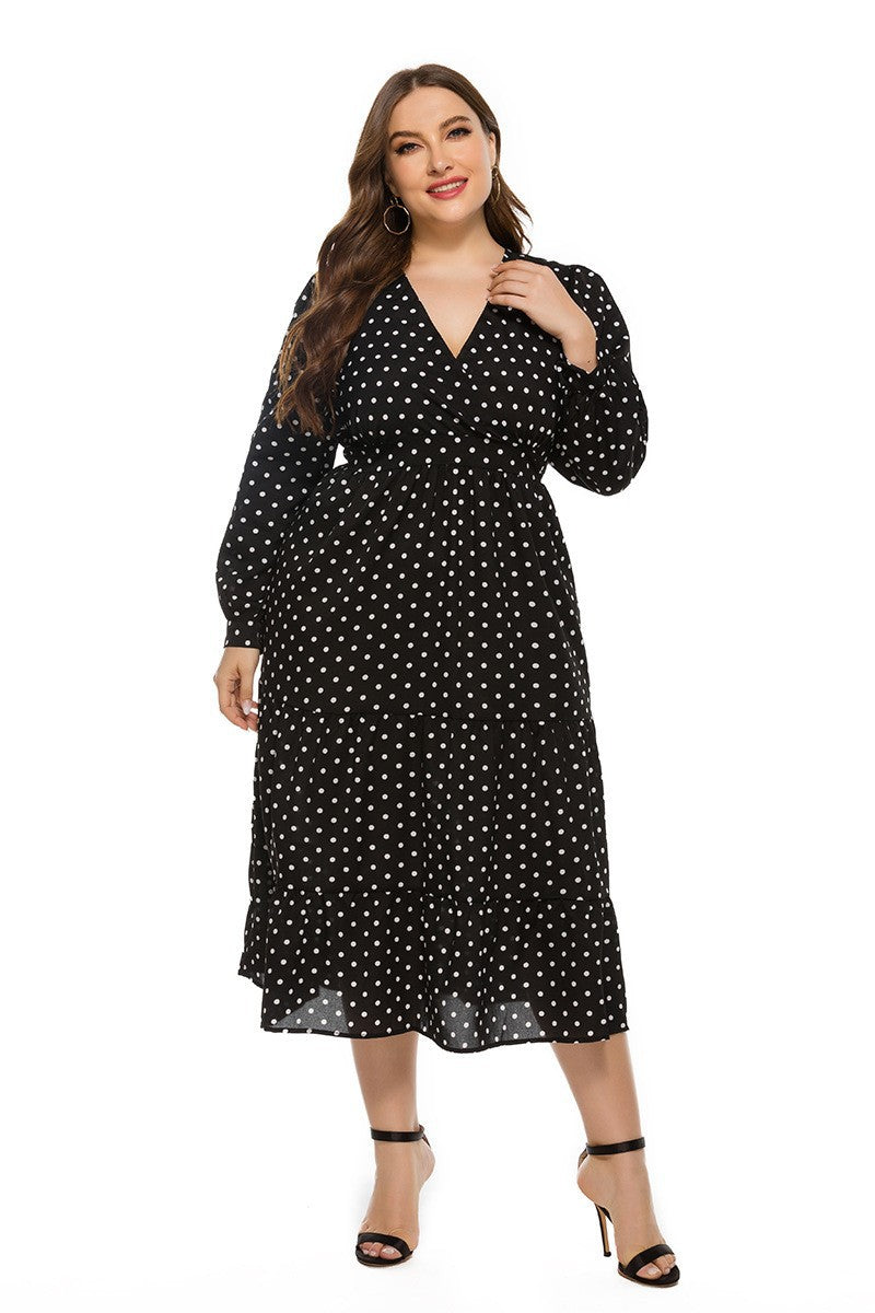 2025 real shot spring new European and American AliExpress stylish loose plus size women's V-neck long sleeve polka dot dress