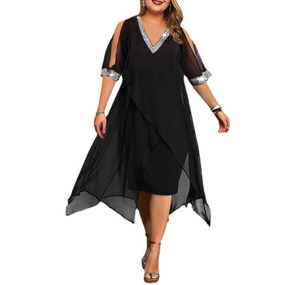 Cross-border women's clothing mid-skirt summer European and American fashion design stitching sequins off-shoulder loose plus size ladies dress