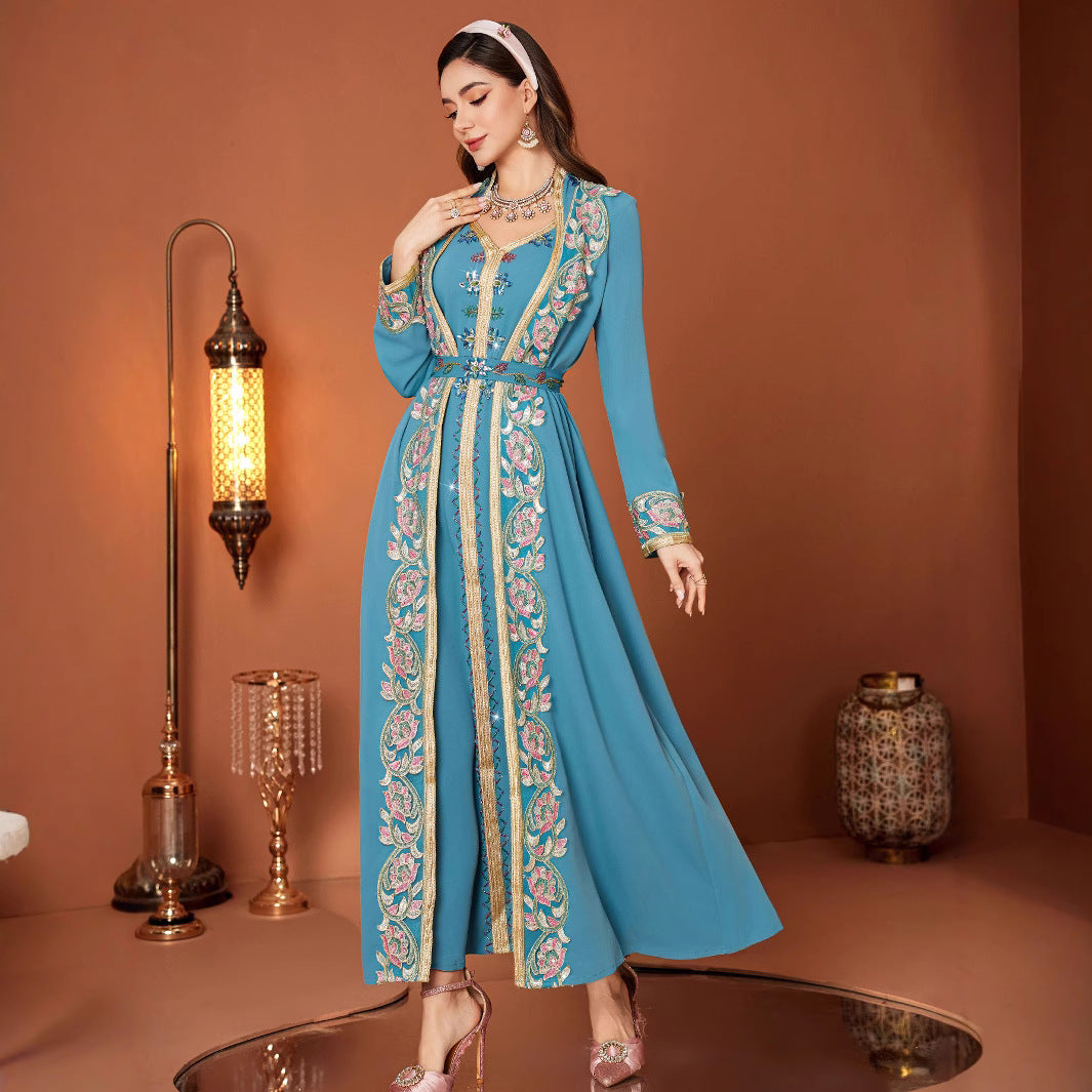 Kanten borduurwek V-hals jurk met riem