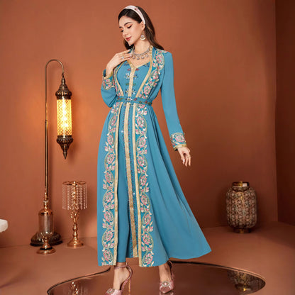 Kanten borduurwek V-hals jurk met riem