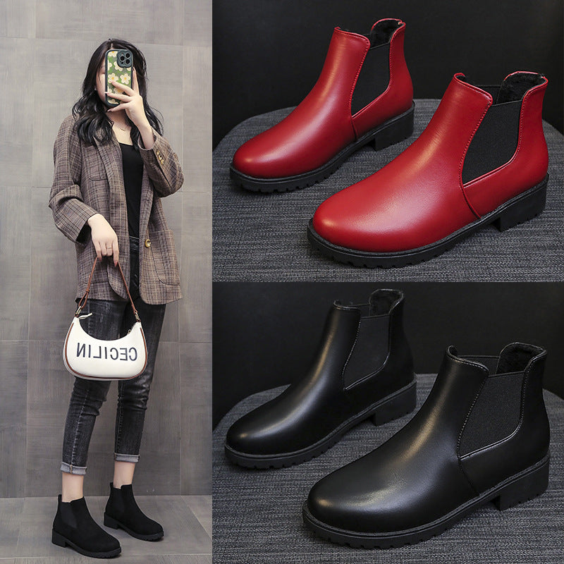 Plus size short boots ankle boots Women's 2025 spring and autumn red new style Martin boots round head chunky heel mid heel elastic foreign trade ankle boots