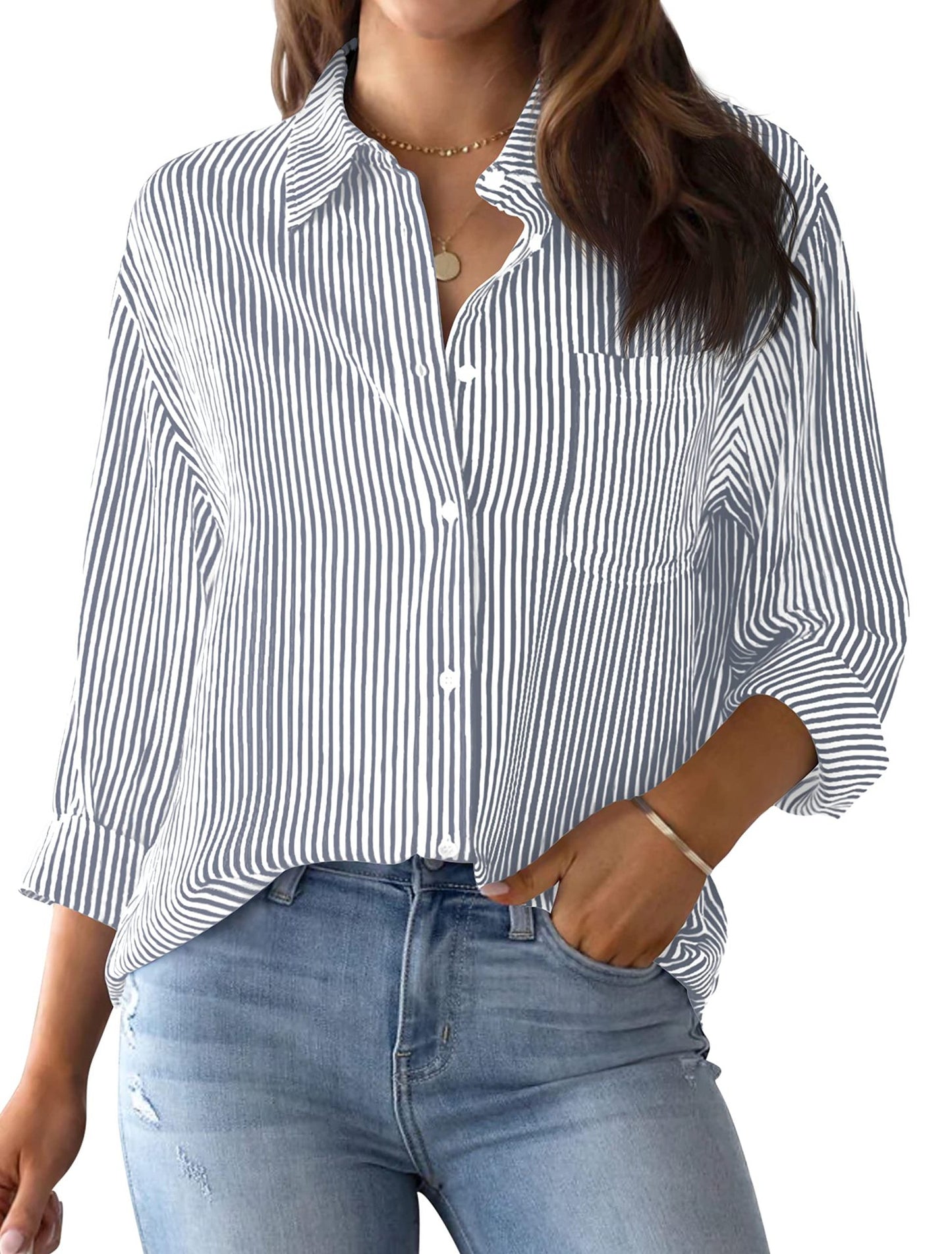 Women's button-down shirt striped classic long sleeve collar office work shirt top with pockets