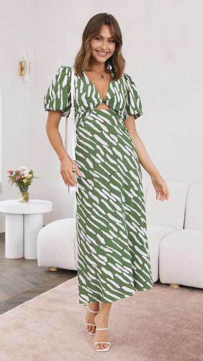 2023 Europe and America cross border independent station fresh sweet style printed V-neck A- line midi dress long dress ruffle sleeve