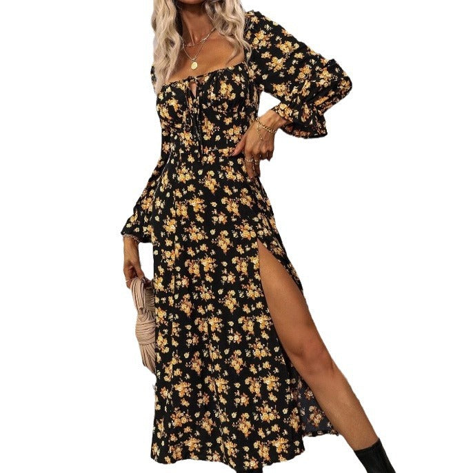 2024 cross-border autumn and winter New Amazon AliExpress European and American printed long sleeve backless bohemian dress for women