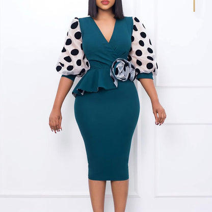 D3166 Amazon foreign trade plus size women's clothing 2022 new fashion dot mesh v-neck patchwork European and American style dress