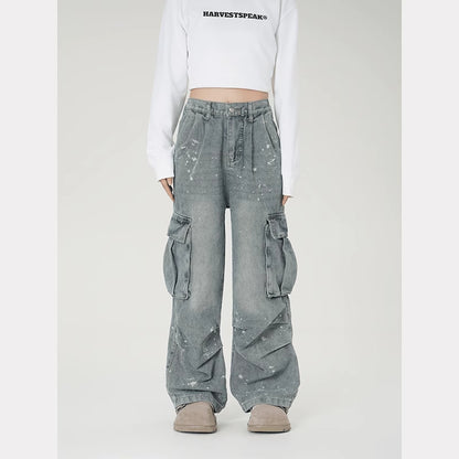 American high street vibe splash ink cargo jeans female hip-hop fashionable brand multi-pocket design loose wide-leg pants