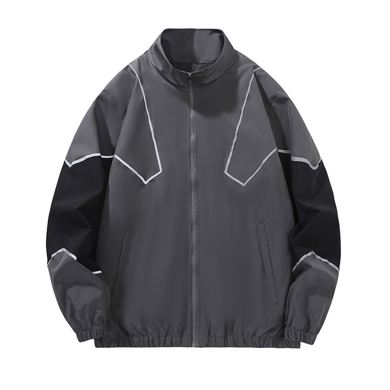 Fashion brand embedded reflective patchwork stand-up collar zipper jacket spring and autumn jacket loose Sports and Leisure jacket men's thin