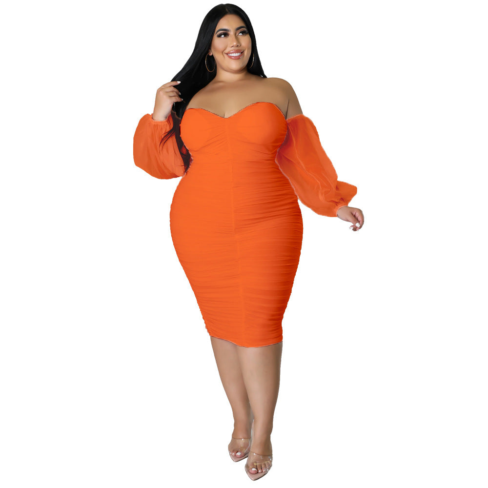 2022 European and American autumn New plus size women's clothing dress Amazon skinny mesh pleated long sleeve plus-size clothes