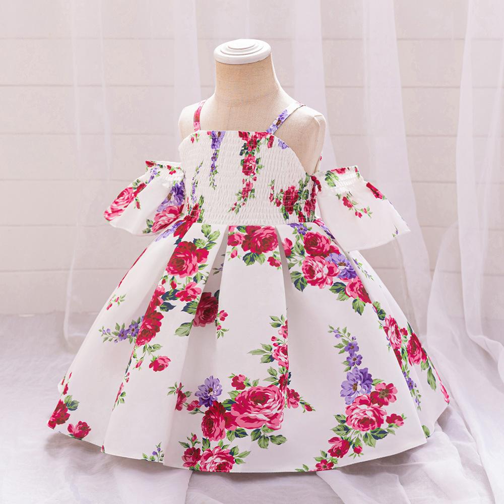 Cross-border new arrival girls' princess dress children's printed dress one year old Celebration dress summer off-the-shoulder dress satin long dress