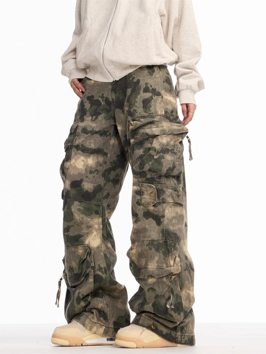 Spring and Autumn New American retro heavy industry camouflage loose trousers multi-pocket design sense wide-leg overalls men's fashion