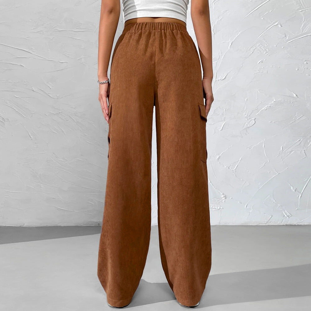 2026 spring and summer new European and American women's clothing loose elastic waist overalls corduroy wide leg straight casual trousers