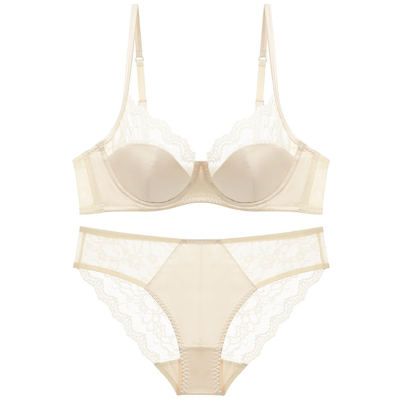 Cross-border sexy underwear women's French thin satin stitching lace underwear big chest small anti-SAG bra suit