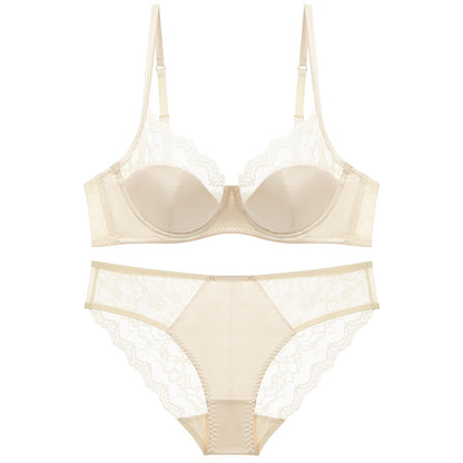 Cross-border sexy underwear women's French thin satin stitching lace underwear big chest small anti-SAG bra suit
