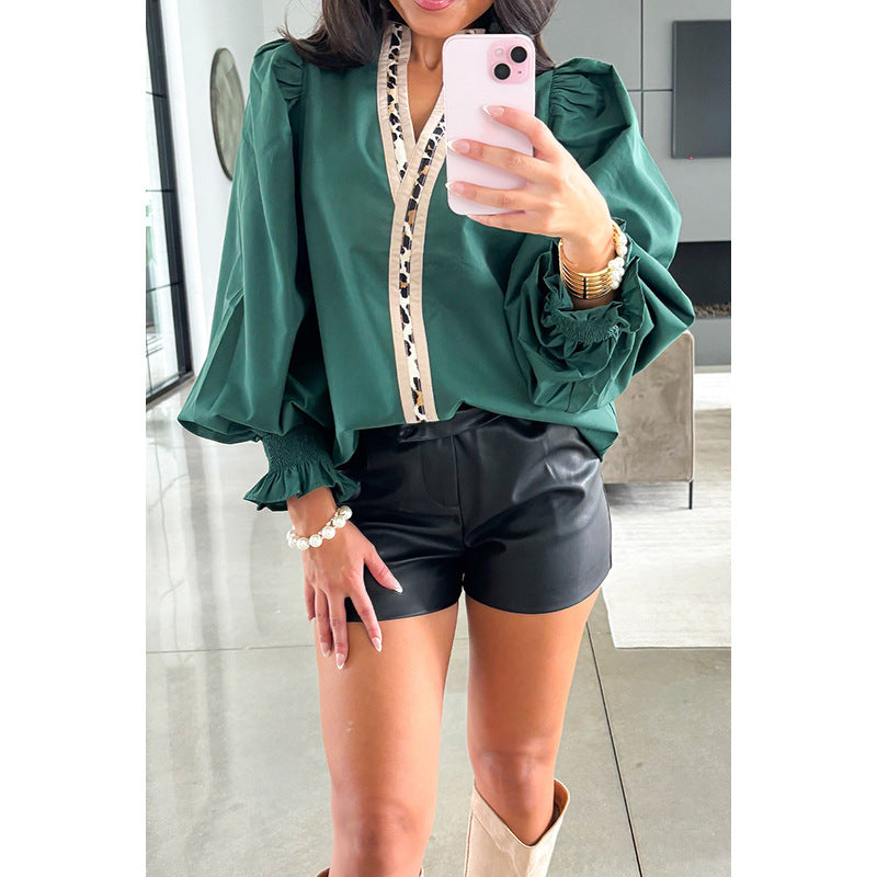 Europe and America cross border fashion loose printed pullover for women 2025 autumn and winter New contrast color V-neck long sleeve chiffon shirt for women