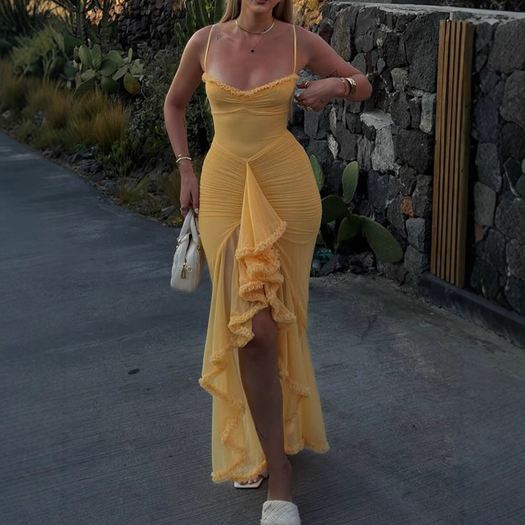 Early autumn women's wear high-grade new mesh camisole pleated irregular sleeveless dress fashion design dress