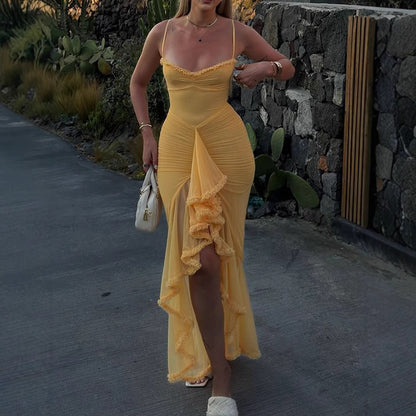 Early autumn women's wear high-grade new mesh camisole pleated irregular sleeveless dress fashion design dress