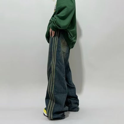 2024 design retro side striped jeans punk vibe distressed loose wide leg mopping women's casual pants