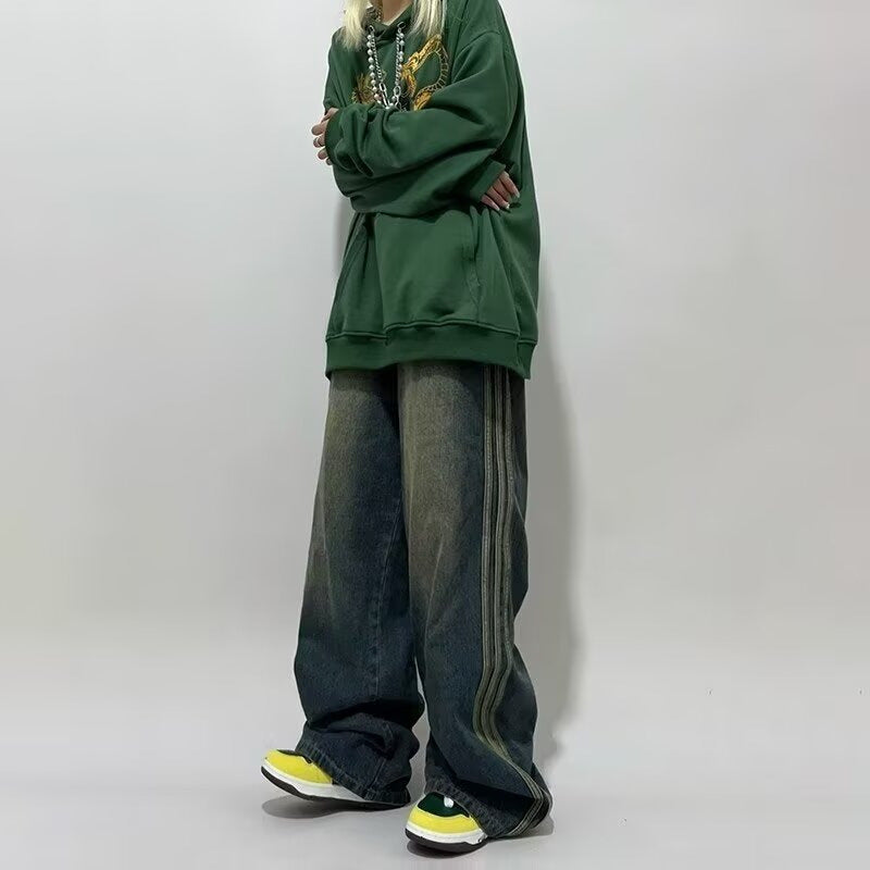 2024 design retro side striped jeans punk vibe distressed loose wide leg mopping women's casual pants