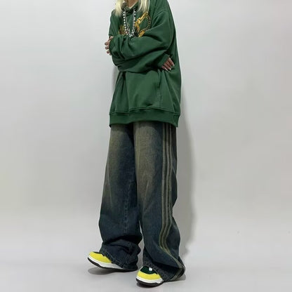 2024 design retro side striped jeans punk vibe distressed loose wide leg mopping women's casual pants