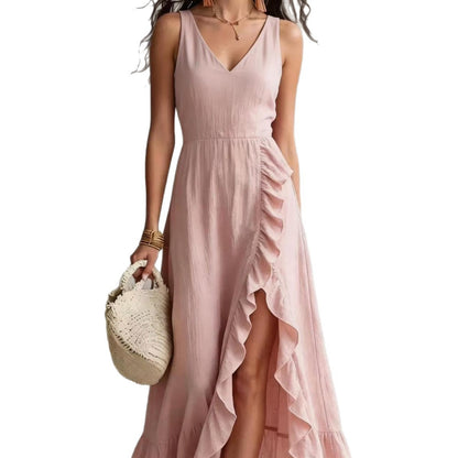 Cross-border foreign trade y2g summer women's V-neck sleeveless dress pink ruffled slit vacation style Beach maxi dress