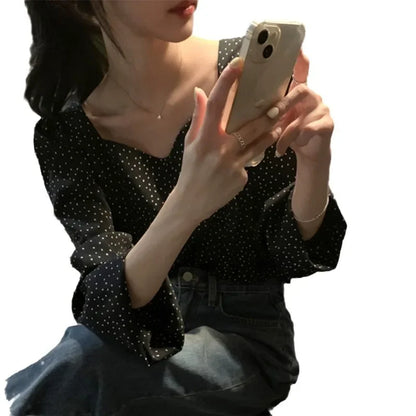 Autumn French style high sense retro anti-aging women's square collar off-shoulder contrast color polka-dot loose-fitting versatile long sleeve shirt