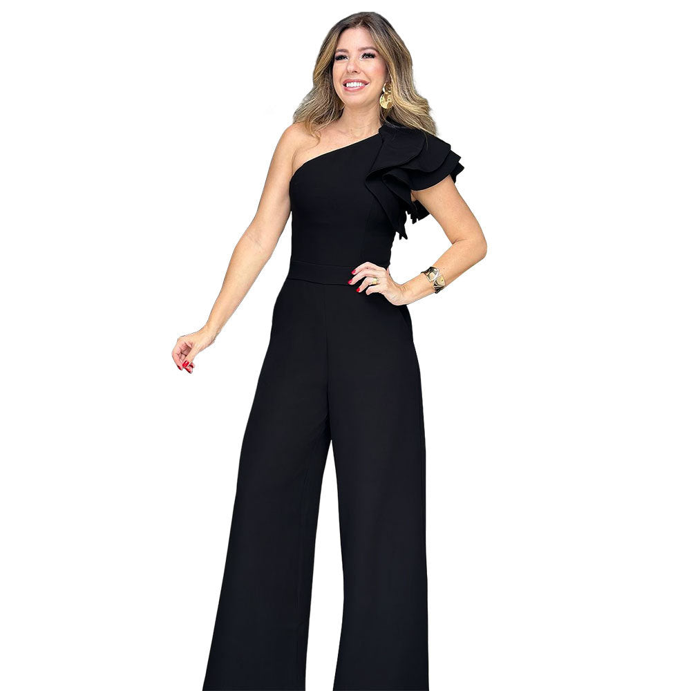 10400 cross-border Amazon European and American fashion women's wear jumpsuit oblique shoulder ruffles design high waist jumpsuit