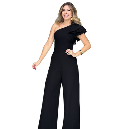10400 cross-border Amazon European and American fashion women's wear jumpsuit oblique shoulder ruffles design high waist jumpsuit