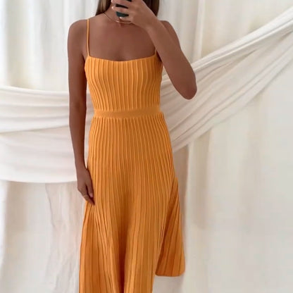 2023 Women's new pure color tube-top high waist spaghetti straps sleeveless knitted dress seaside vacation pleated maxi skirt for women