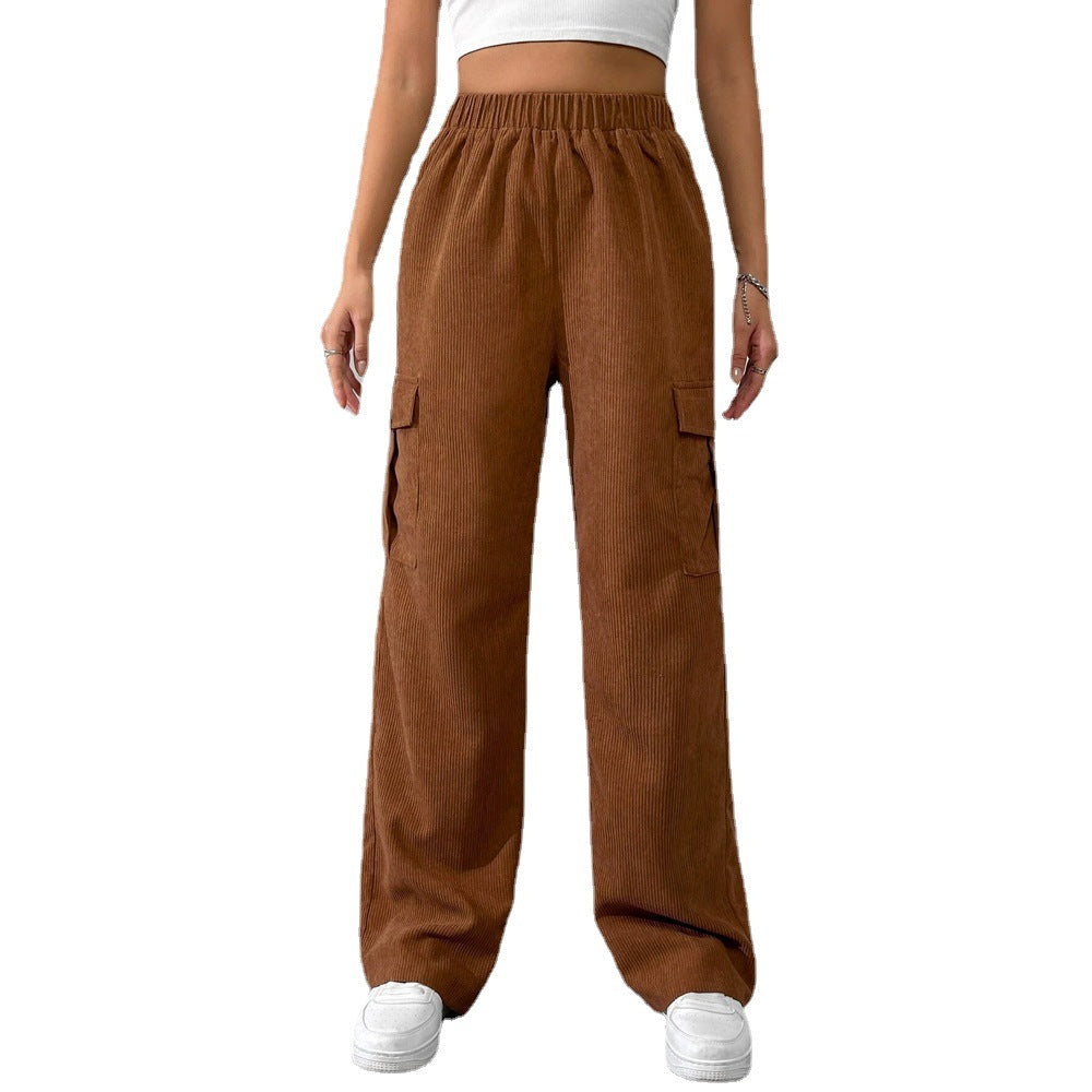 2026 spring and summer new European and American women's clothing loose elastic waist overalls corduroy wide leg straight casual trousers