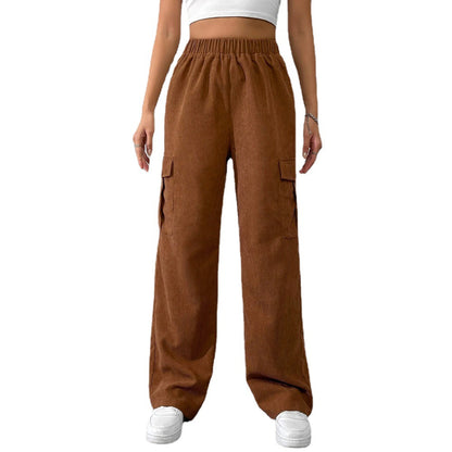 2026 spring and summer new European and American women's clothing loose elastic waist overalls corduroy wide leg straight casual trousers