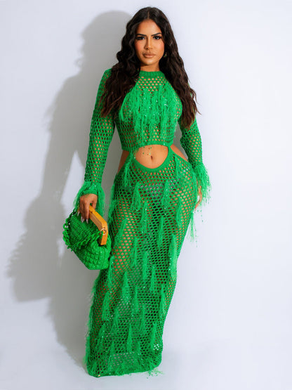 Sexy handgemaakte gebreide uitgeholde maxi-jurk met pailletten en kwastjes