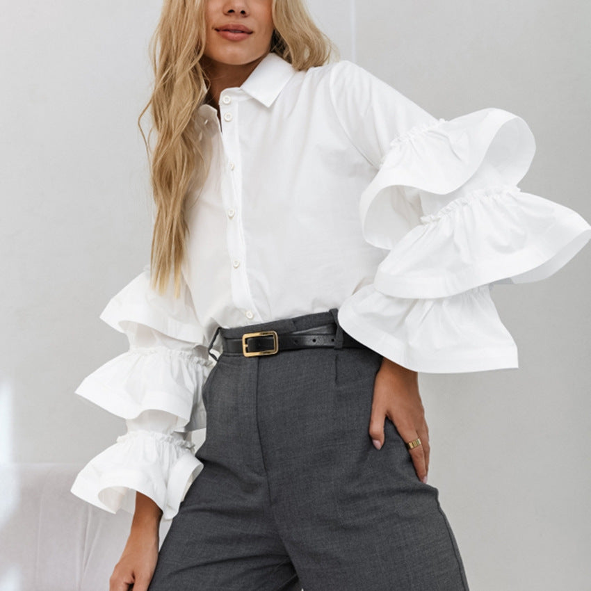 French White Ruffle Blouse Cotton Collar Shirt |tops